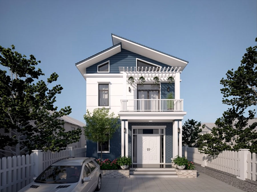 Mẫu nhà 2 tầng ngang 6.5m mái lệch