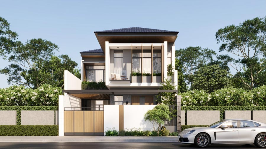 Thiết kế nhà chữ L 2 tầng ngang 7.5m