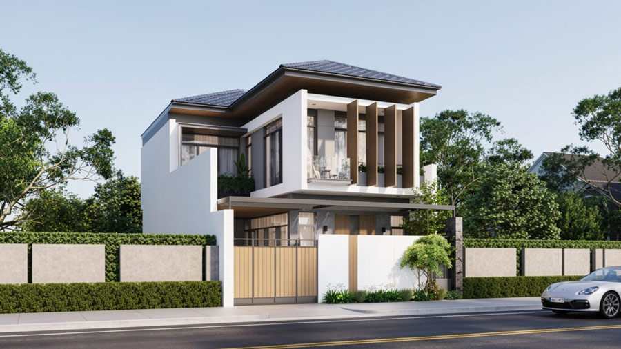 Thiết kế nhà chữ L 2 tầng ngang 7.5m
