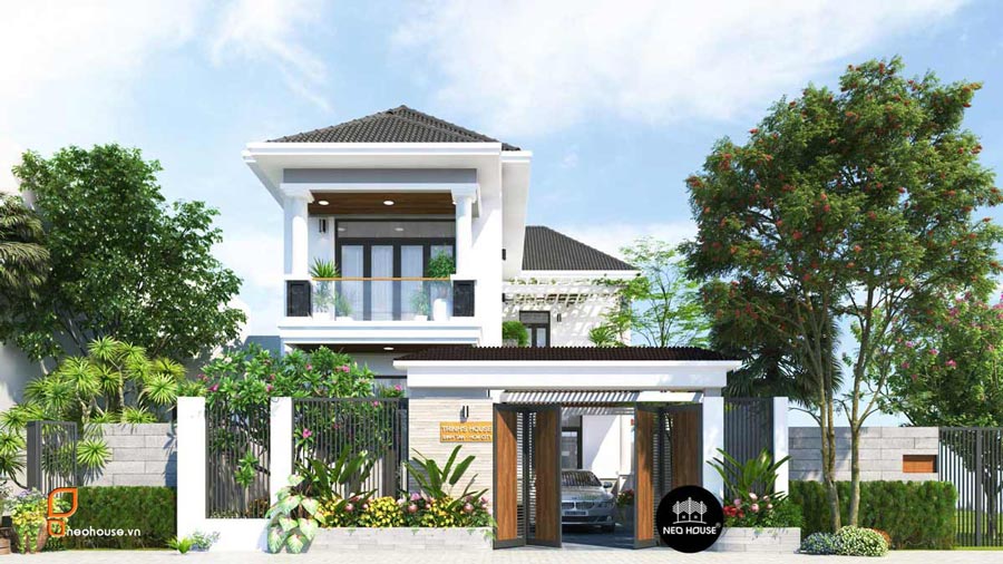 Thiết kế nhà chữ L 2 tầng ngang 7.5m