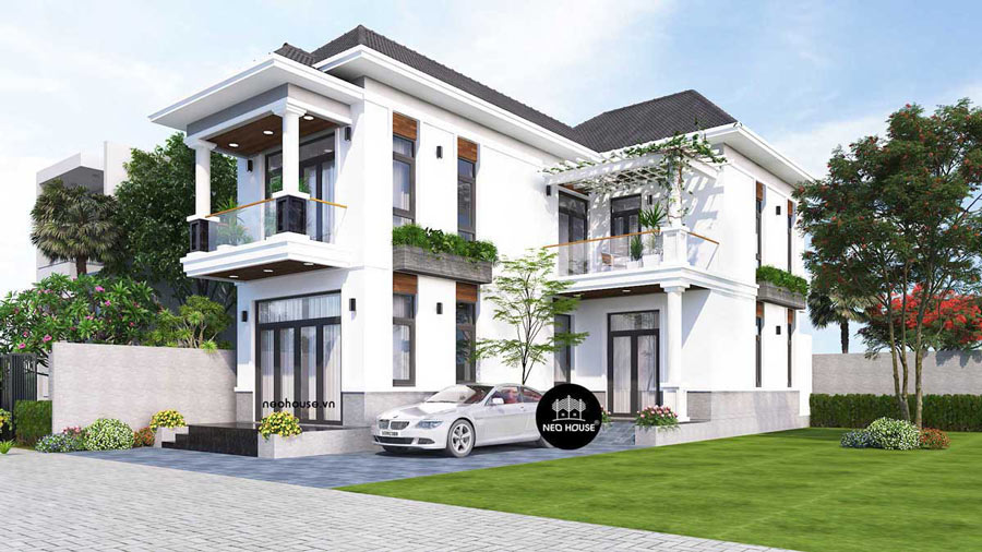 Thiết kế nhà chữ L 2 tầng ngang 7.5m