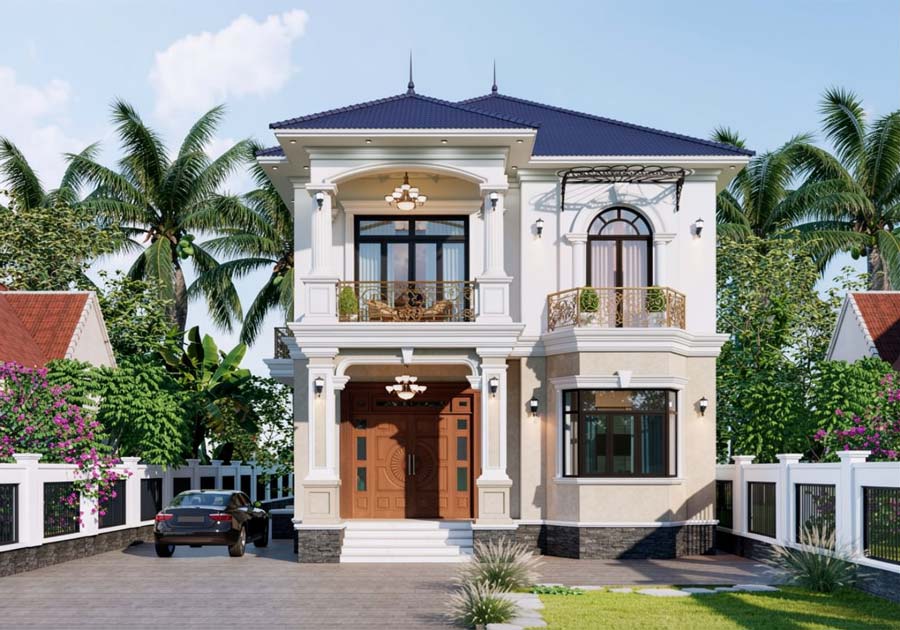 Mẫu thiết kế nhà 2 tầng mặt tiền 9m tân cổ điển
