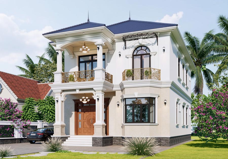 Mẫu thiết kế nhà 2 tầng mặt tiền 9m tân cổ điển