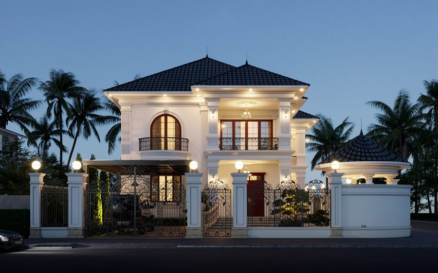 Mẫu thiết kế nhà 2 tầng mặt tiền 9m tân cổ điển