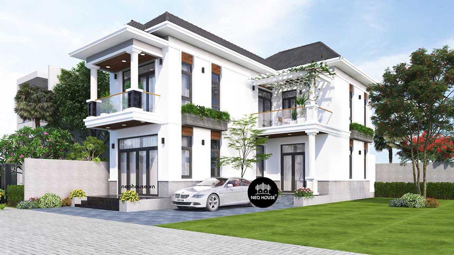 Mẫu nhà chữ L 2 tầng mặt tiền 9m