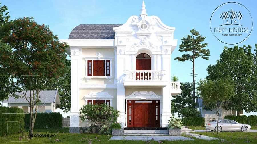Mẫu nhà 2 tầng mặt tiền 9m cổ điển Pháp