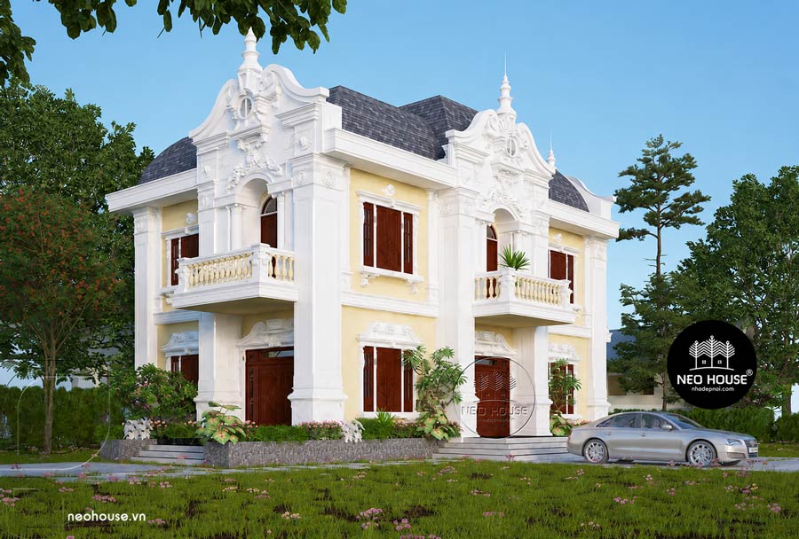 Mẫu nhà 2 tầng mặt tiền 9m cổ điển Pháp