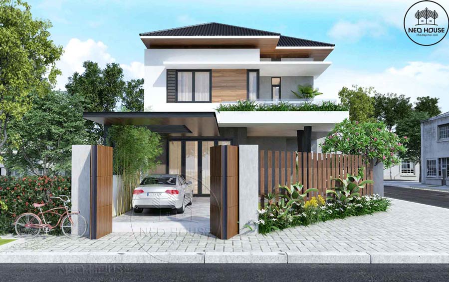 Mẫu nhà 2 tầng mặt tiền 9m có gara ô tô