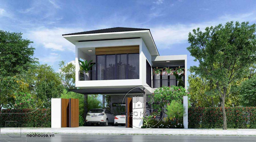 Mẫu nhà 2 tầng mặt tiền 9m có gara ô tô