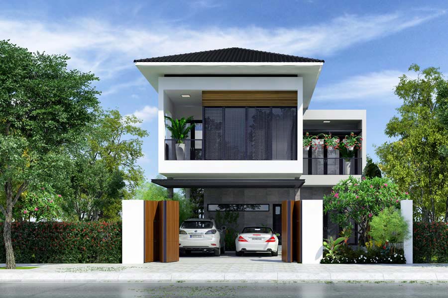 Mẫu nhà 2 tầng mặt tiền 9m có gara ô tô