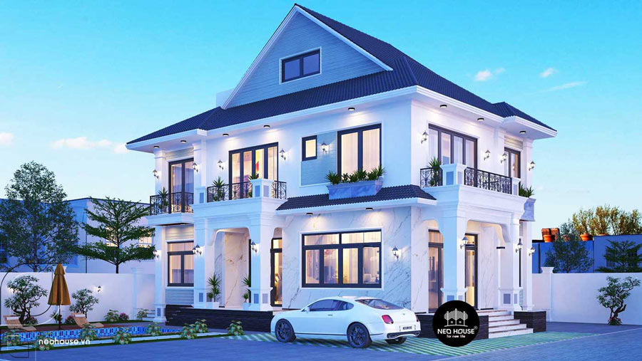 Mẫu nhà 2 tầng mặt tiền 9m hiện đại