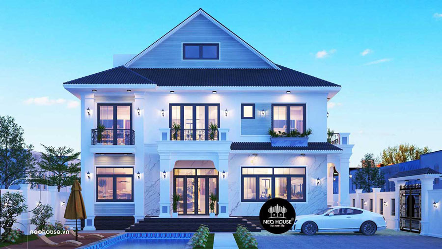 Mẫu nhà 2 tầng mặt tiền 9m hiện đại