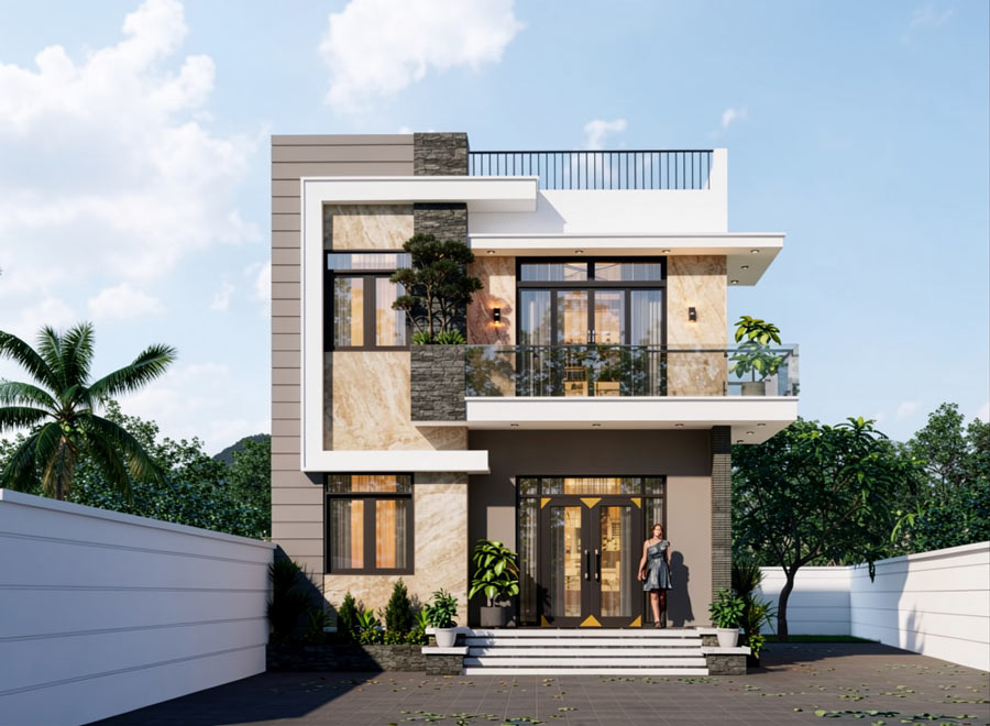 Mẫu nhà 2 tầng mặt tiền 9m hiện đại