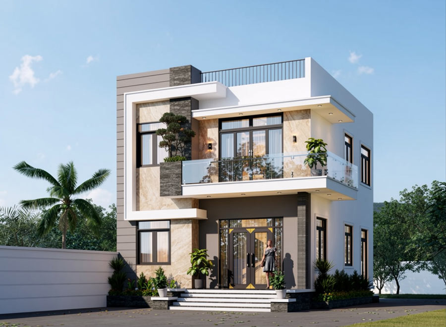 Mẫu nhà 2 tầng mặt tiền 9m hiện đại