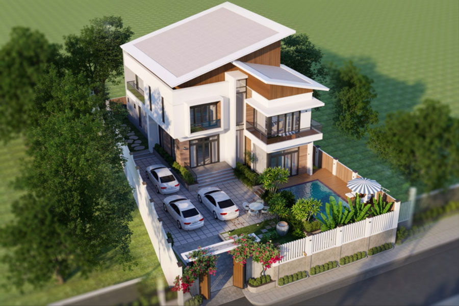 Mẫu mặt tiền nhà 9m 2 tầng mái lệch độc đáo
