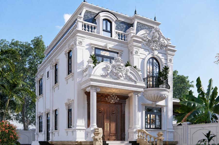 Mẫu nhà 2 tầng mặt tiền 9m mái Mansard đẳng cấp