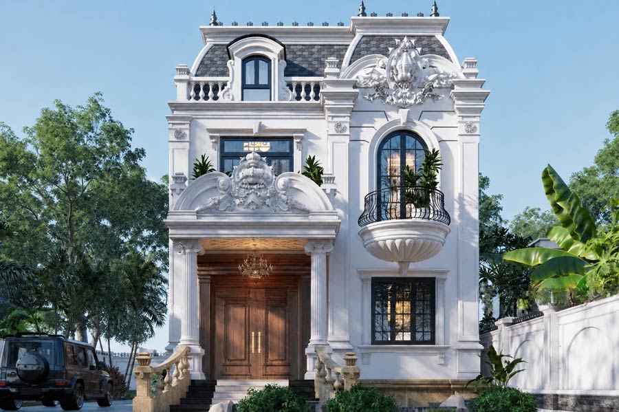 Mẫu nhà 2 tầng mặt tiền 9m mái Mansard đẳng cấp