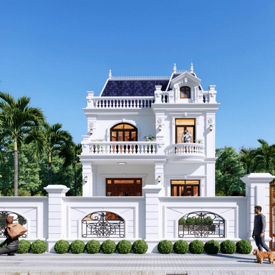 Mẫu nhà 2 tầng mặt tiền 9m mái Mansard đẳng cấp