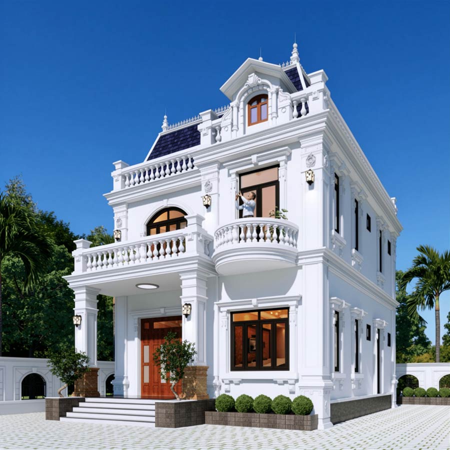 Mẫu nhà 2 tầng mặt tiền 9m mái Mansard đẳng cấp