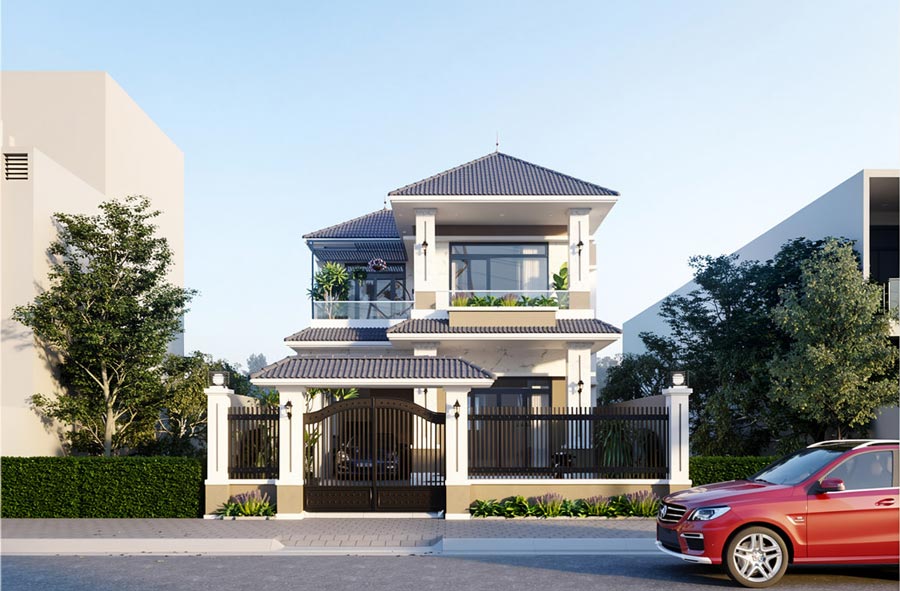 Mẫu nhà 2 tầng mặt tiền 9m đẹp mái Nhật