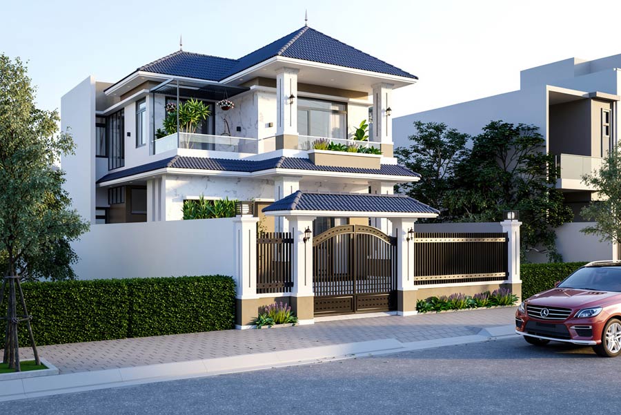 Mẫu nhà 2 tầng mặt tiền 9m đẹp mái Nhật