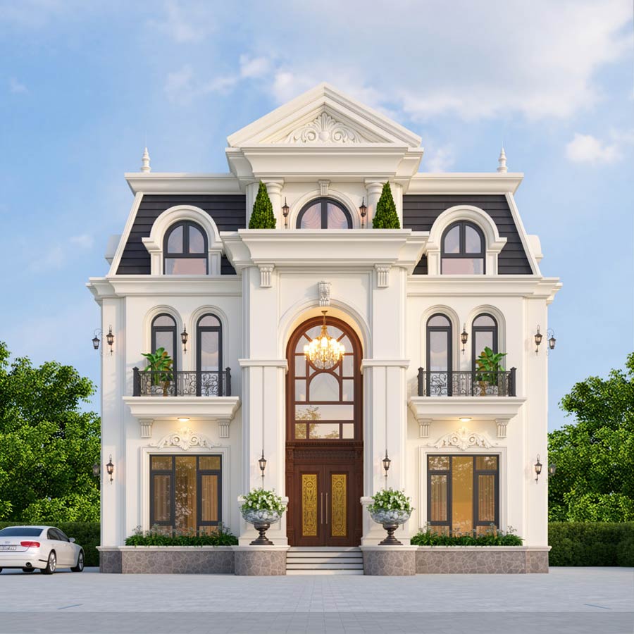 Mẫu thiết kế nhà 3 gian 2 tầng mái Mansard