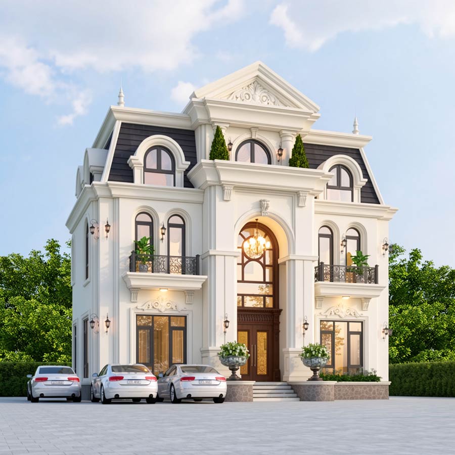 Mẫu thiết kế nhà 3 gian 2 tầng mái Mansard