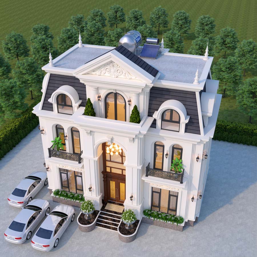 Mẫu thiết kế nhà 3 gian 2 tầng mái Mansard