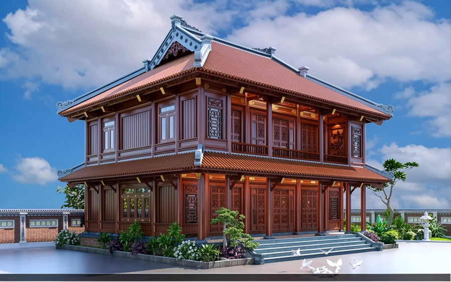 Nhà 5 gian 2 tầng bê tông giả gỗ