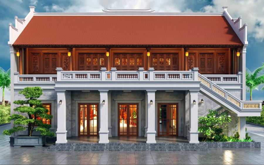 Mẫu nhà 5 gian 2 tầng kết hợp gỗ và bê tông
