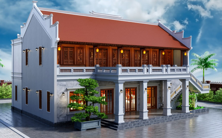 Mẫu nhà 5 gian 2 tầng kết hợp gỗ và bê tông