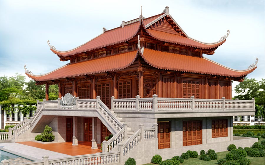 Mẫu nhà 5 gian 2 tầng kết hợp gỗ và bê tông