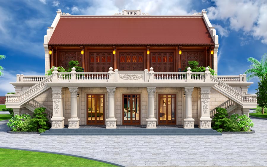 Mẫu nhà 5 gian 2 tầng kết hợp truyền thống và hiện đại