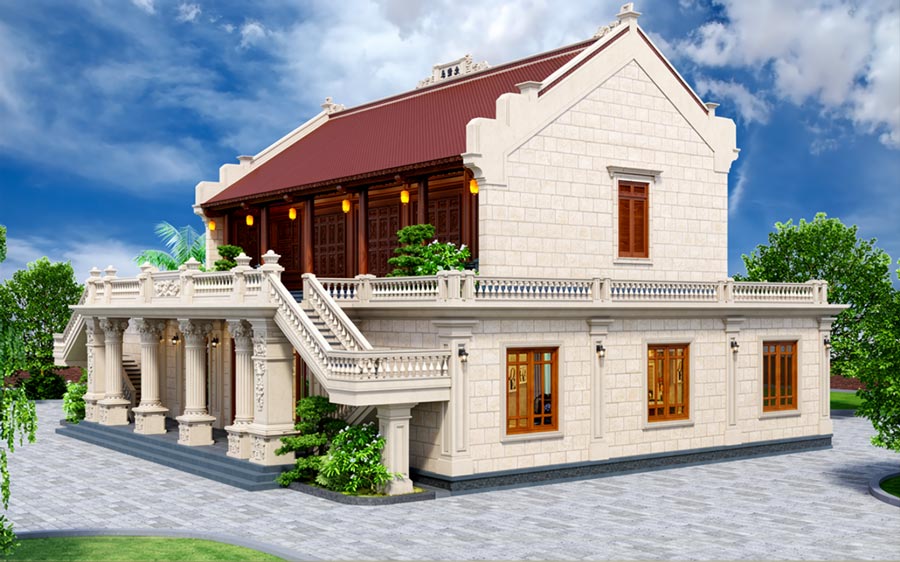 Mẫu nhà 5 gian 2 tầng kết hợp truyền thống và hiện đại
