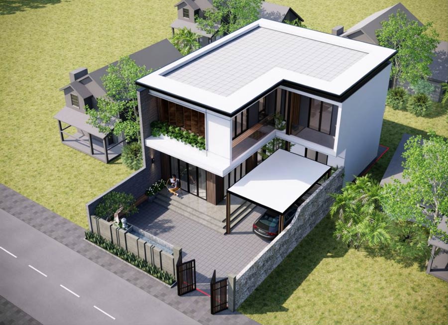 Mẫu thiết kế nhà cấp 4 2 tầng chữ L