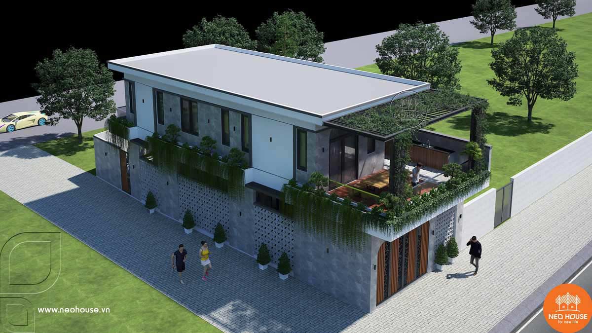 Mẫu thiết kế nhà cấp 4 2 tầng có sân vườn
