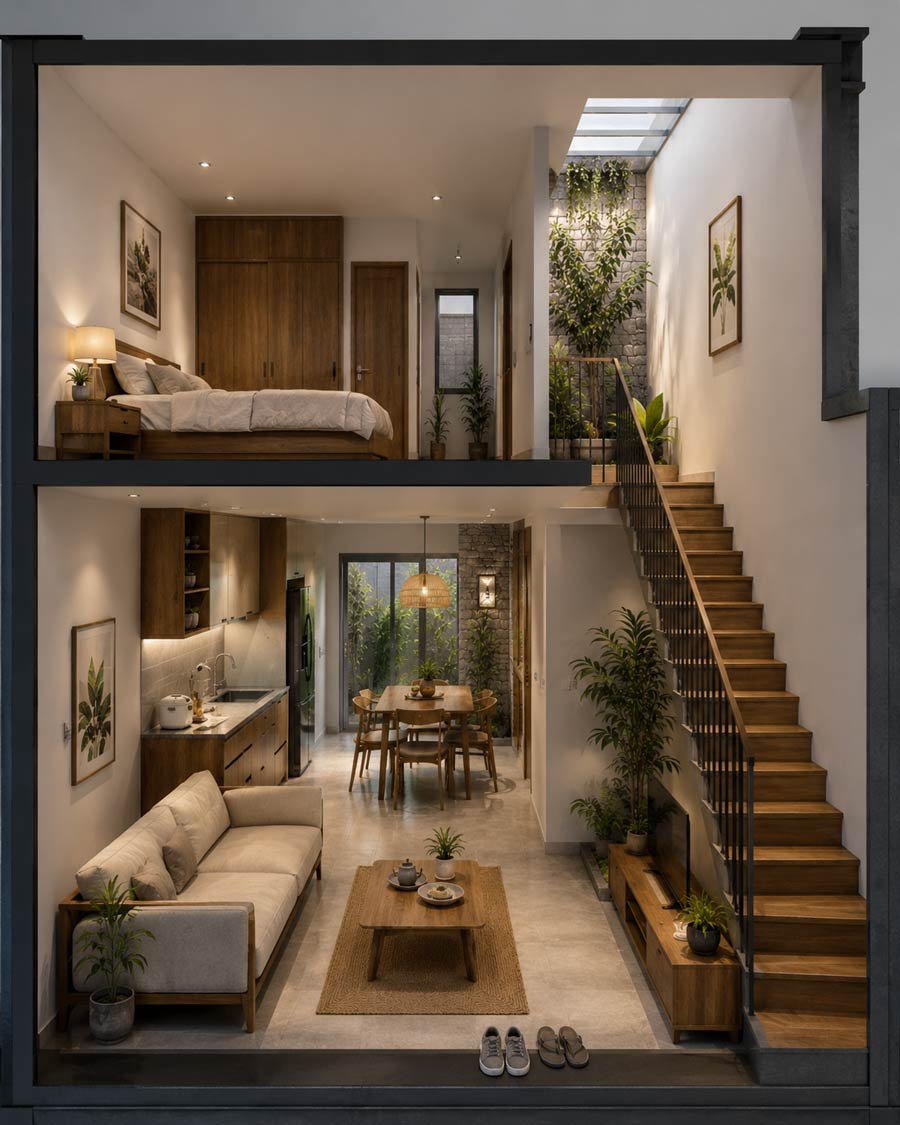 Mẫu nhà 2 tầng 20m2 có giếng trời
