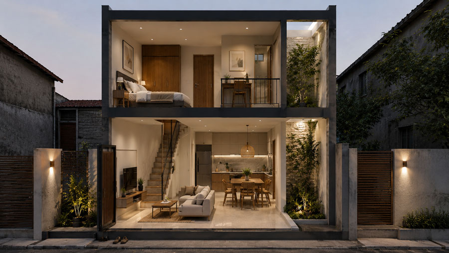 Mẫu nhà 2 tầng 20m2 có giếng trời