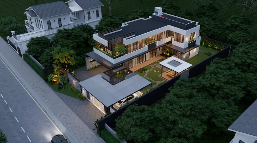 Thiết kế nhà 2 tầng không gian mở có sân vườn