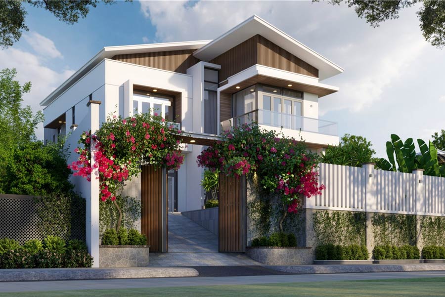 Mẫu thiết kế nhà 2 tầng không gian mở mái lệch