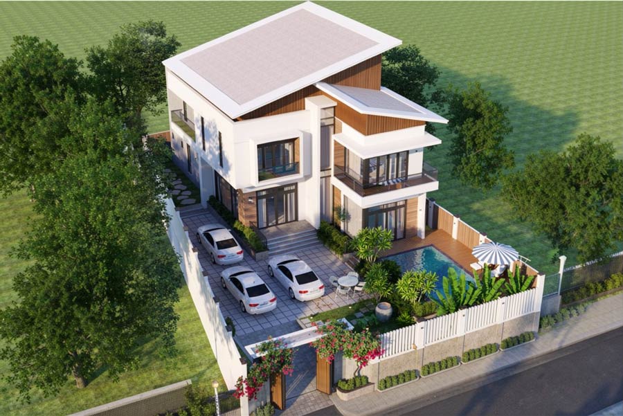 Mẫu thiết kế nhà 2 tầng không gian mở mái lệch
