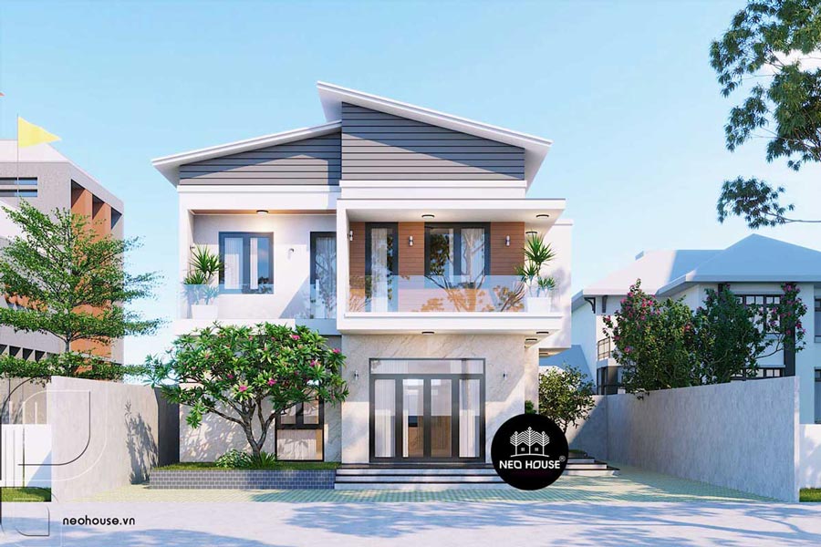 Mẫu thiết kế nhà 2 tầng mái lệch có phòng thờ tầng 2