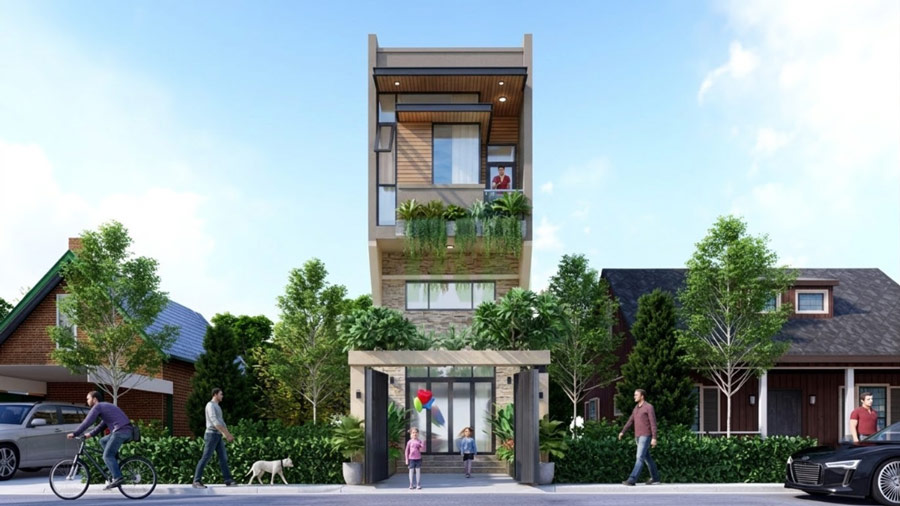 Mẫu nhà 30m2 2 tầng có gác lửng
