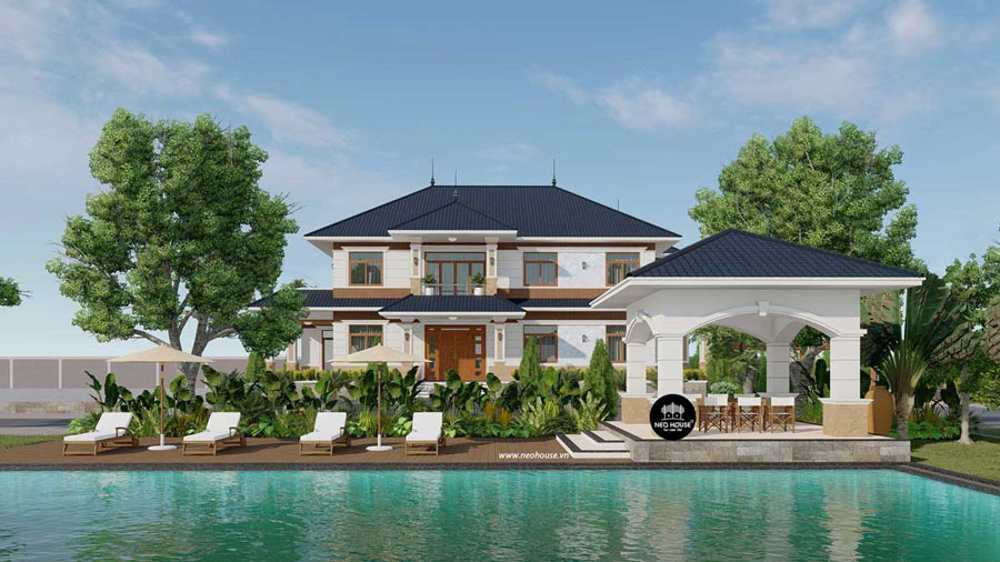Mẫu thiết kế nhà vườn 2 tầng có phòng thờ tầng 2