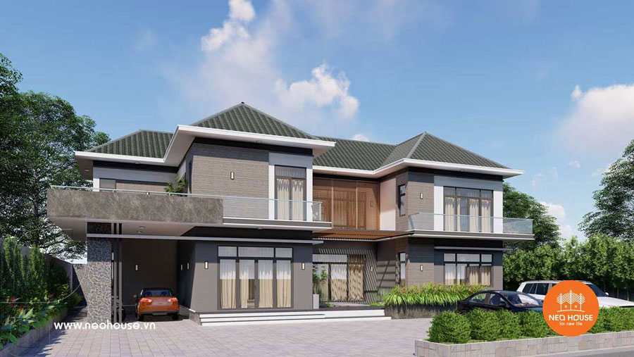 Phối cảnh nhà 2 tầng 6 phòng ngủ