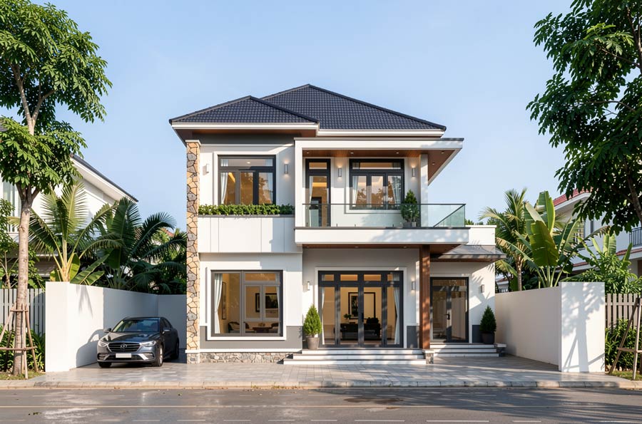 Mẫu thiết kế nhà 2 tầng 4 phòng ngủ có phòng thờ tầng 1