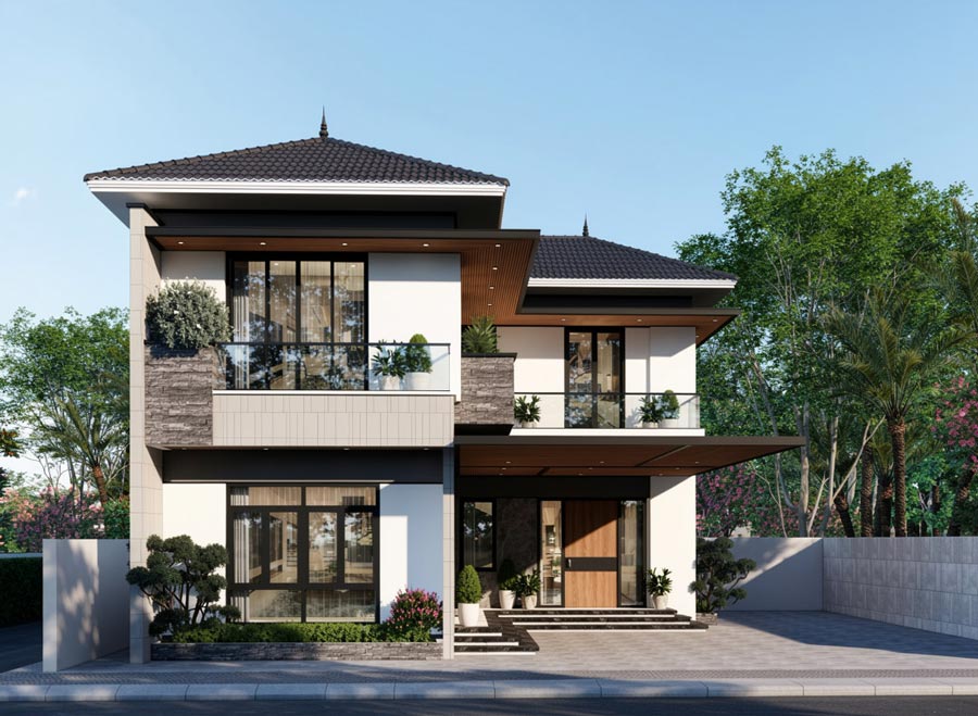 Mẫu thiết kế nhà 2 tầng có phòng thờ tầng 1 hiện đại