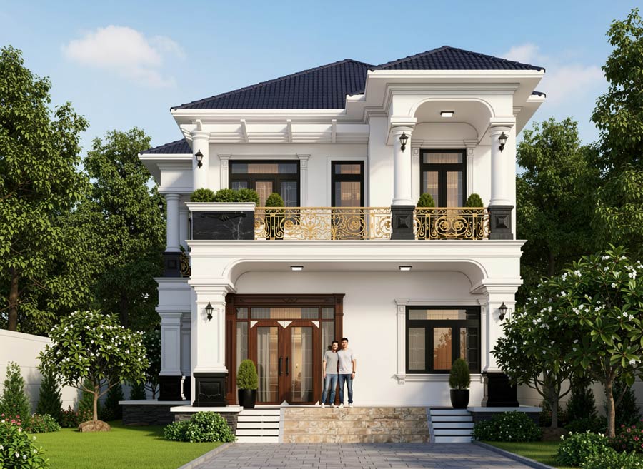 Mẫu thiết kế nhà 2 tầng có phòng thờ tầng 1 tân cổ điển
