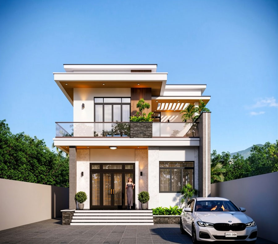 Mẫu thiết kế nhà 2 tầng mái bằng có phòng thờ tầng 1