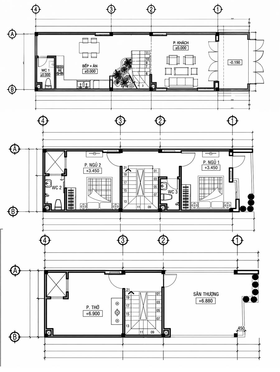 Mặt bằng công năng nhà đẹp 2 tầng 1 tum 4x11m 2 phòng ngủ